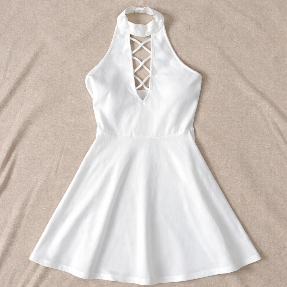 Express White Halter Mini Dress Crisscross Lace-Up Fit Flare Bachelorette Y2K